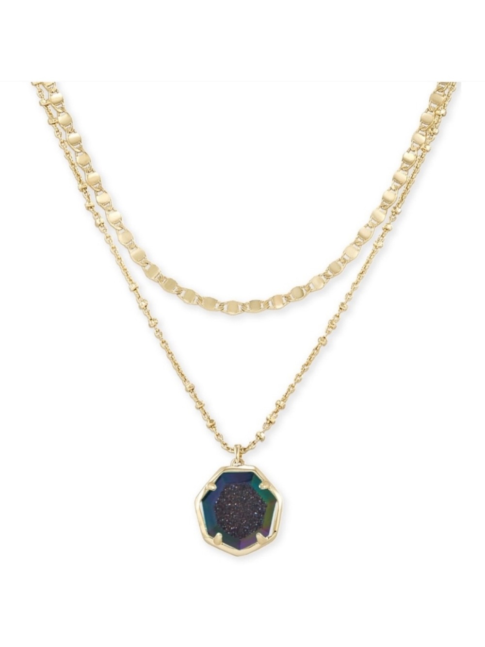 Kendra Scott Cynthia Gold Layered Necklace Dark Gray Iridescent Druzy Pendant